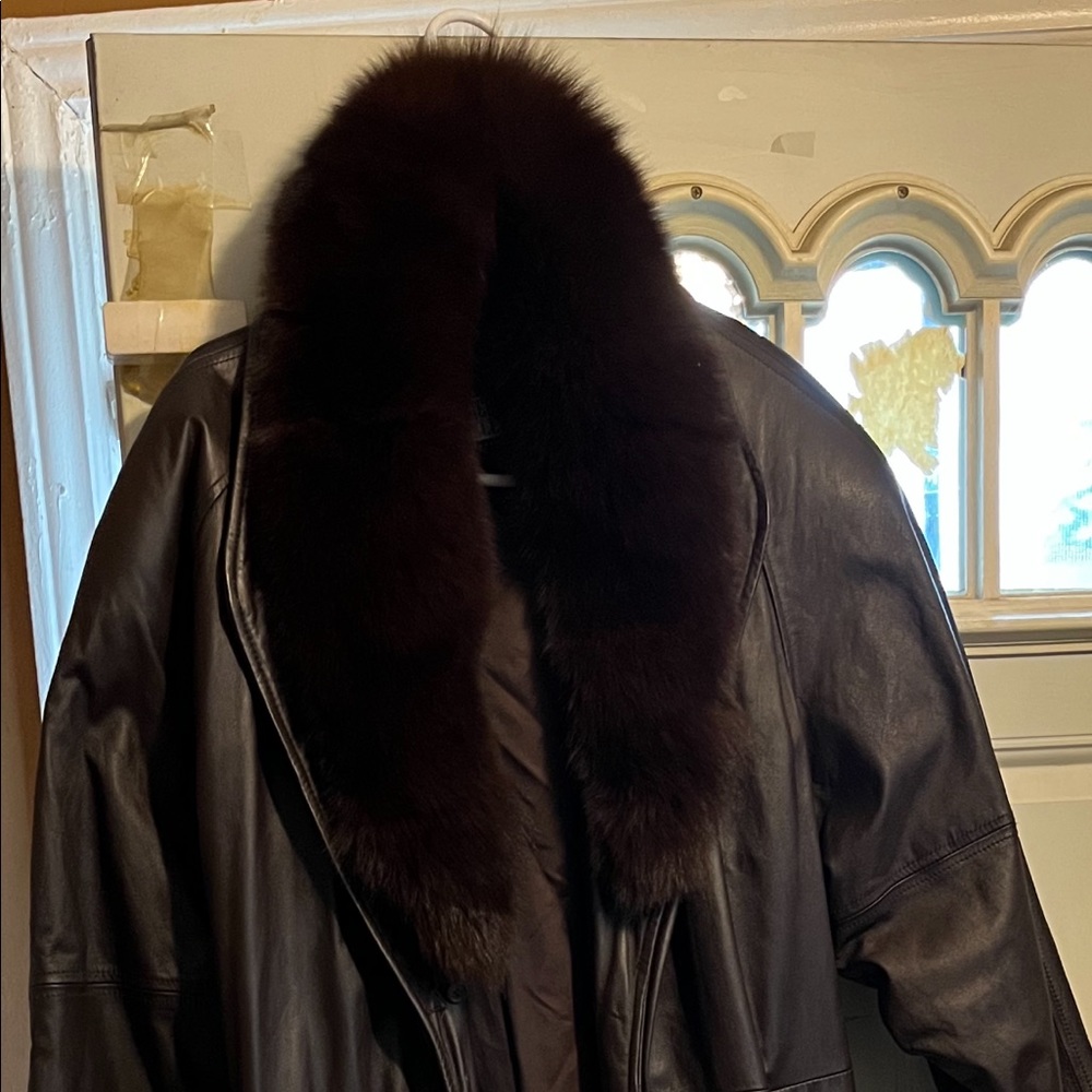 Brown Leather coat with fur collar